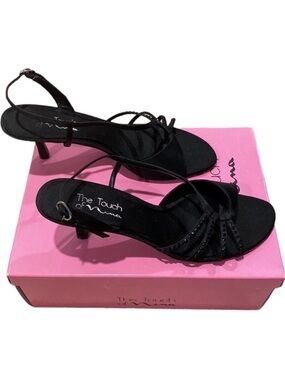 The Touch of Nina Black 9.5 Heels Formal Minimalist Slingback Satin Strap Kitten